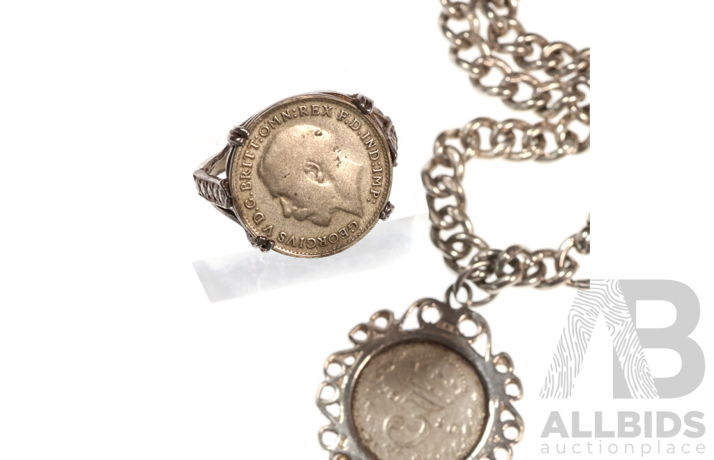 Sterling Silver Antique Fob Bracelet with Albert Clasp, (birmingham 1924) & 1920 Threepence Charm & Vintage 1921 Three Pence Coin Ring, 19.73 Grams