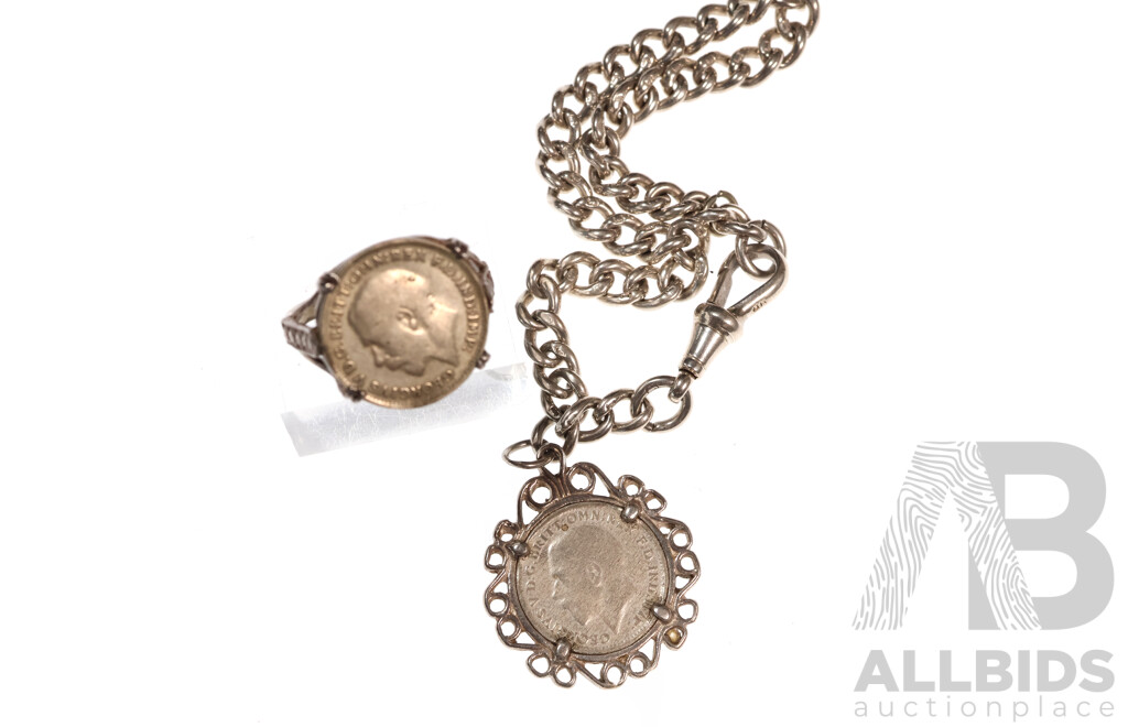 Sterling Silver Antique Fob Bracelet with Albert Clasp, (birmingham 1924) & 1920 Threepence Charm & Vintage 1921 Three Pence Coin Ring, 19.73 Grams