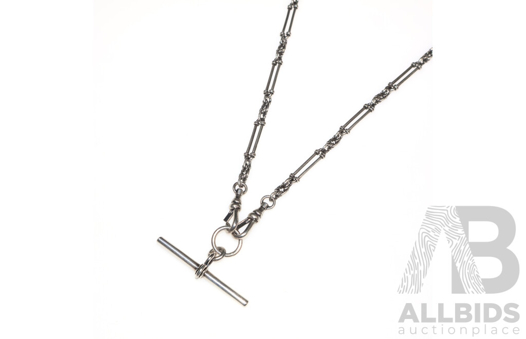 Vintage Sterling Silver Ornate Belcher Link T-Bar Fob Necklace with Albert Swivel Clasps, 60cm, 28.78 Grams