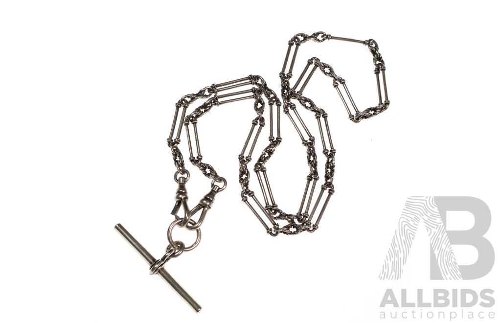 Vintage Sterling Silver Ornate Belcher Link T-Bar Fob Necklace with Albert Swivel Clasps, 60cm, 28.78 Grams