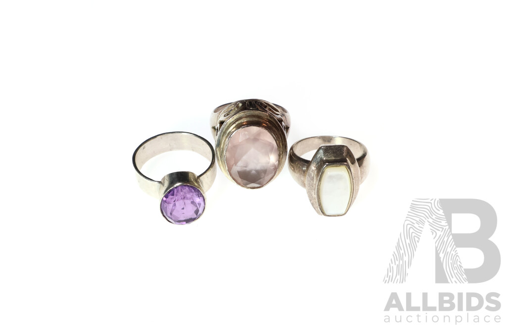 Vintage Sterling Silver (3) Chunky Rings with Rose Quartz, Amethyst & Mother of Pearl, 29.0 Grams