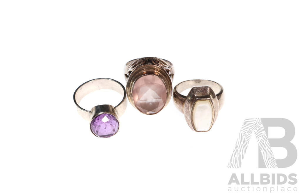 Vintage Sterling Silver (3) Chunky Rings with Rose Quartz, Amethyst & Mother of Pearl, 29.0 Grams