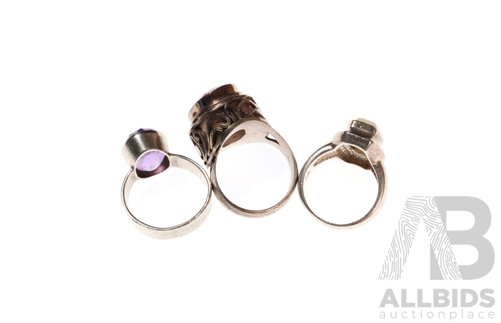 Vintage Sterling Silver (3) Chunky Rings with Rose Quartz, Amethyst & Mother of Pearl, 29.0 Grams