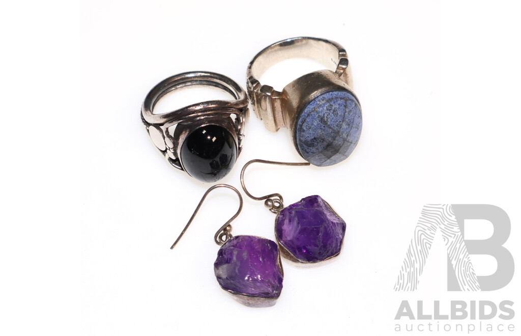 Sterling Silver Black Star Diopside Ring, Vintage SS Faceted Sodalite Ring and SS Amethyst Drop Earrings, 40.15 Grams