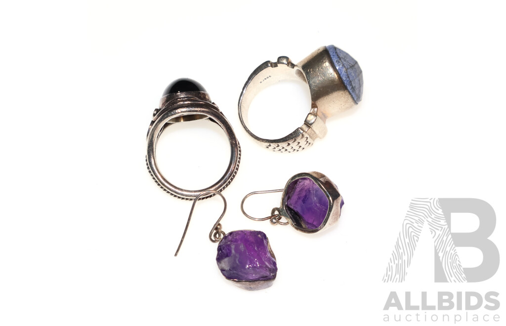 Sterling Silver Black Star Diopside Ring, Vintage SS Faceted Sodalite Ring and SS Amethyst Drop Earrings, 40.15 Grams