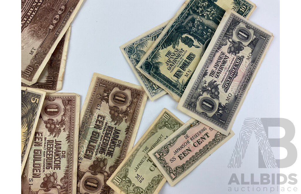 Japanese WW2 Occupation Bank Notes Including Rupees, Dollars, Cents and Guldens