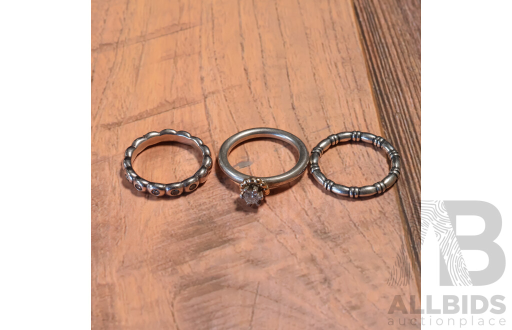 Collection of (3) Sterling Silver Stacking Rings Including Pandora, All Size S, 15.17 Grams