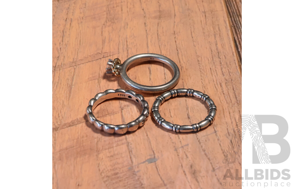 Collection of (3) Sterling Silver Stacking Rings Including Pandora, All Size S, 15.17 Grams