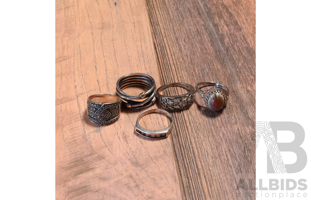 Collection of (5) Sterling Silver Rings Including Amethyst, Amber & Marcasite, 24.27 Grams