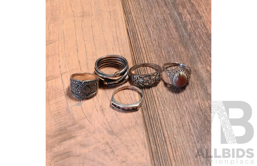 Collection of (5) Sterling Silver Rings Including Amethyst, Amber & Marcasite, 24.27 Grams