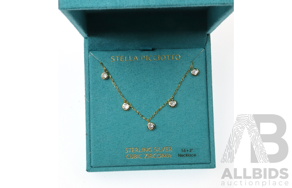 Stella Picciotto Gold Tone Sterling Silver Cubic Zirconia Necklace, 40+5cm, as New in Box