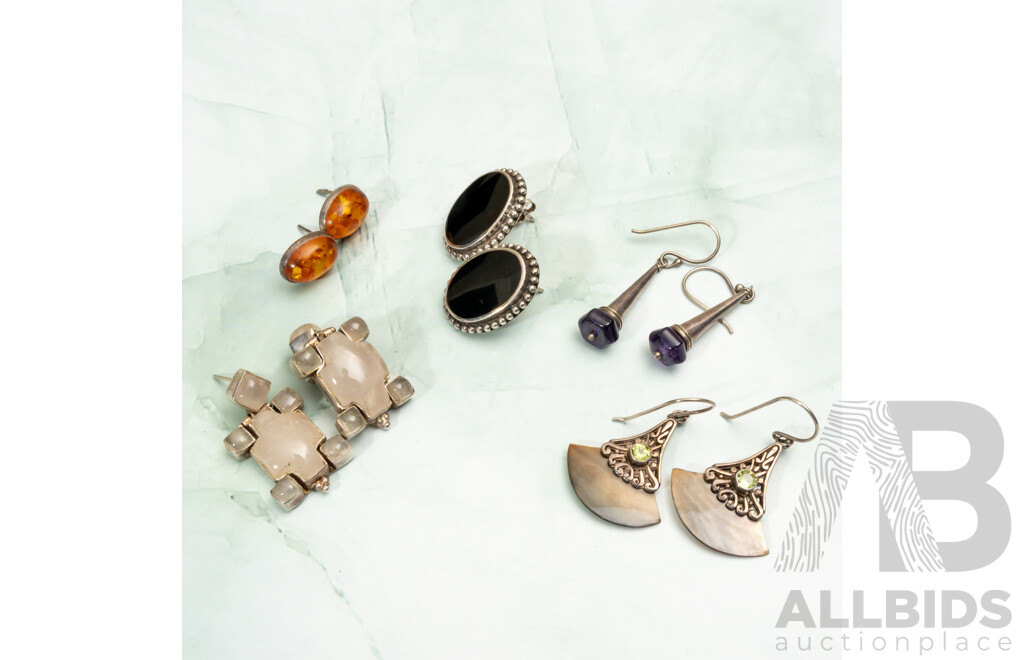 Collection of (5) Pairs of Gemstone Set Earrings, Including Amber, Peridot, Rose Quartz, Amethyst & Onyx, 34.90 Grams