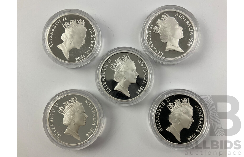 Five Australian RAM 1994 Five Dollar Materpieces in Silver .925