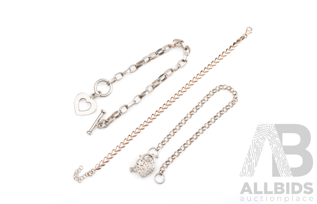 Sterling Silver (3) Bracelets, Included Oval Belcher Link Bracelet with T-Bar Clasp and Heart Charm, 32.89 Grams