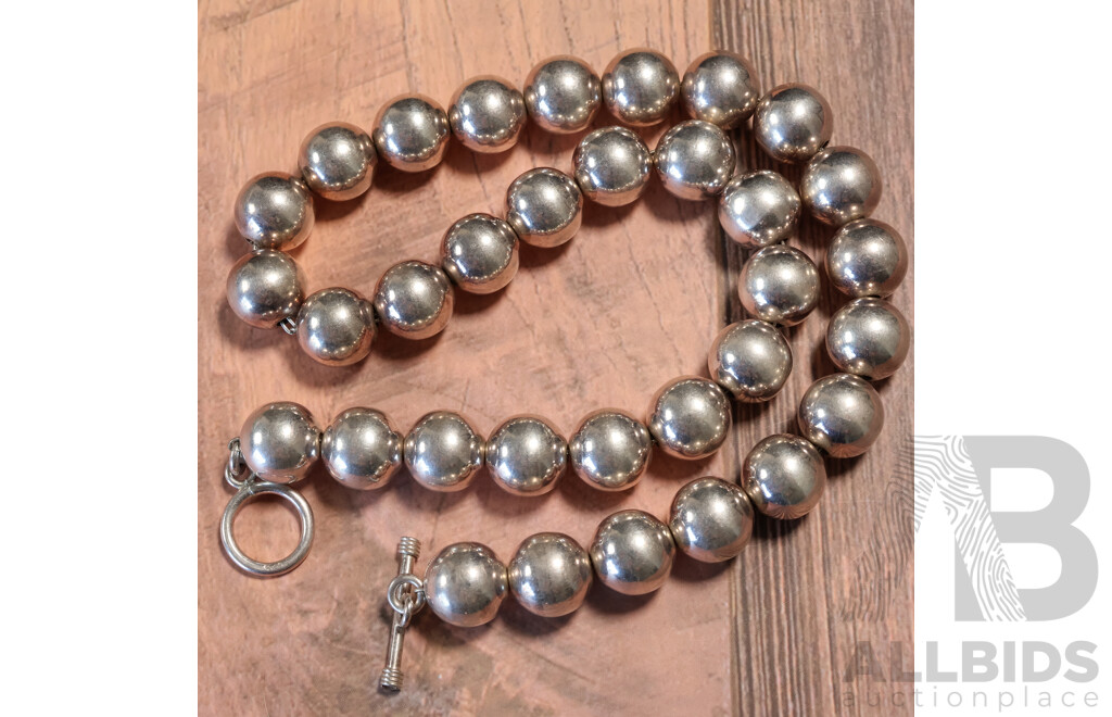 Sterling Silver Beaded Ball Necklace with T-Bar Clasp, 43cm Long, 84 Grams