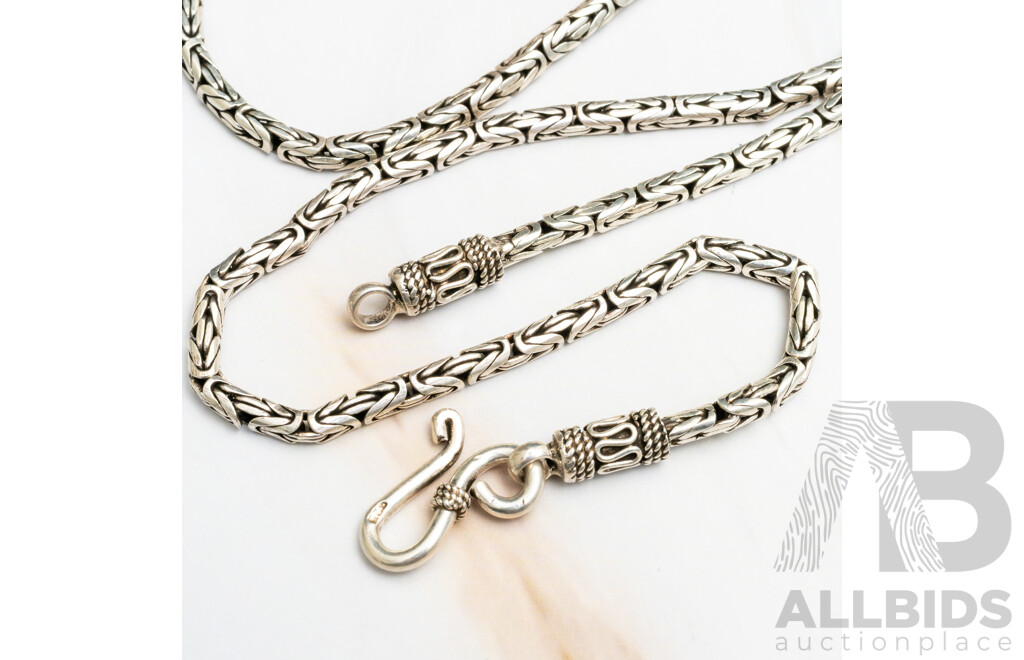 Mexican Sterling Silver Ring, Size T and Ornate Sterling Silver Decorative Rope Link Necklace with S Hook Clasp, 60cm, 52.86 Grams