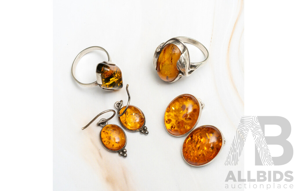 Vintage Sterling Silver Amber Cabochon Rings and Earrings, 18.37 Grams