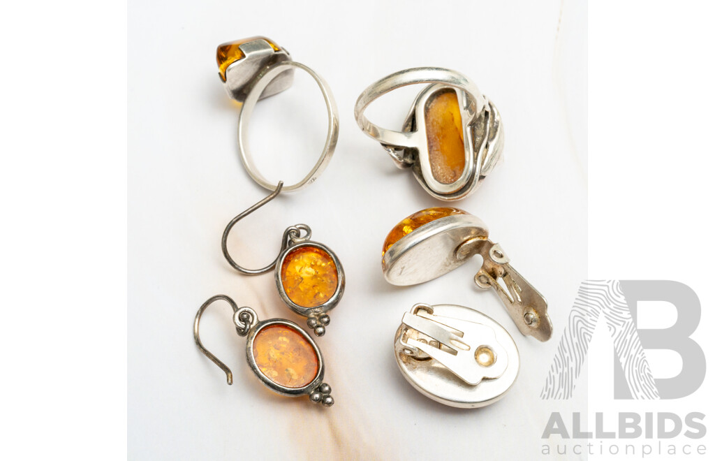 Vintage Sterling Silver Amber Cabochon Rings and Earrings, 18.37 Grams