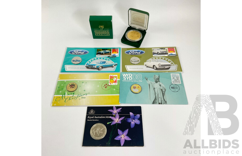 Australian PNCs Including 2017 Ford Cortina MK 1 GT500, Ford ZH Failane Marquis, 2008 World Youth Day, 2012 Merry Christmas, 1988 Bicentennial Commemorative Medallion, RAM 1984 Bluebell Medallion