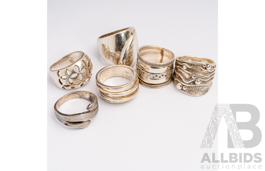 Collection of (6) Chunky Sterling Silver Rings, Sizes O/P/R/S, 59.05 Grams