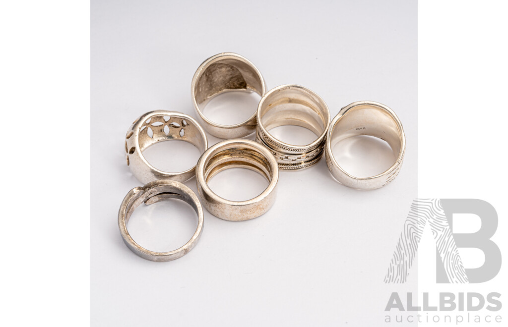 Collection of (6) Chunky Sterling Silver Rings, Sizes O/P/R/S, 59.05 Grams