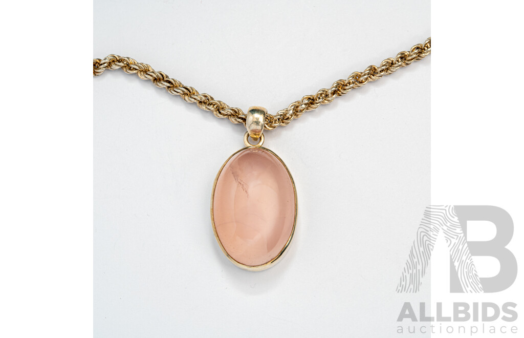 Sterling Silver Rose Quartz Pendant on Vintage Sterling Silver Rope Link Necklace, 38cm, 25.60 Grams