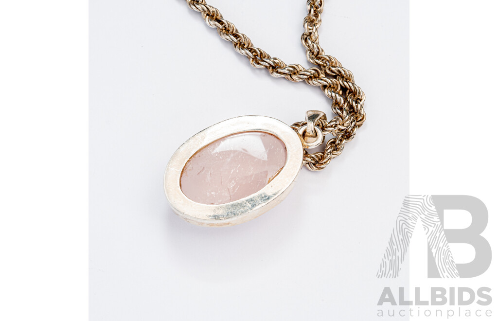 Sterling Silver Rose Quartz Pendant on Vintage Sterling Silver Rope Link Necklace, 38cm, 25.60 Grams