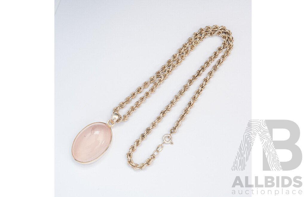 Sterling Silver Rose Quartz Pendant on Vintage Sterling Silver Rope Link Necklace, 38cm, 25.60 Grams