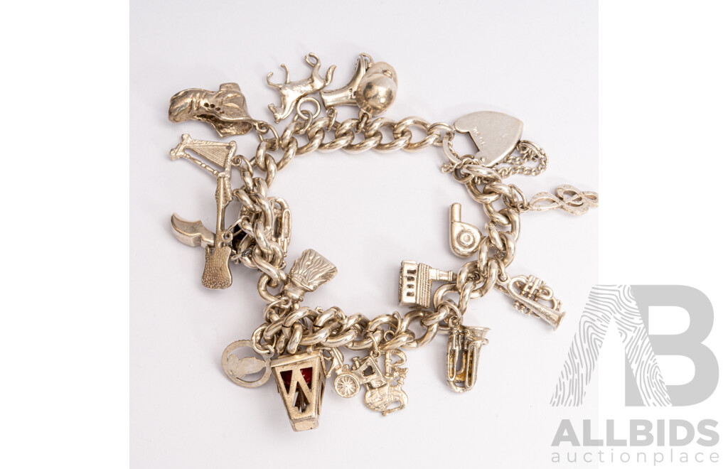 Vintage Sterling Silver Curb Link Padlock Bracelet with (19) Vintage Sterling Silver Charms, 62 Grams