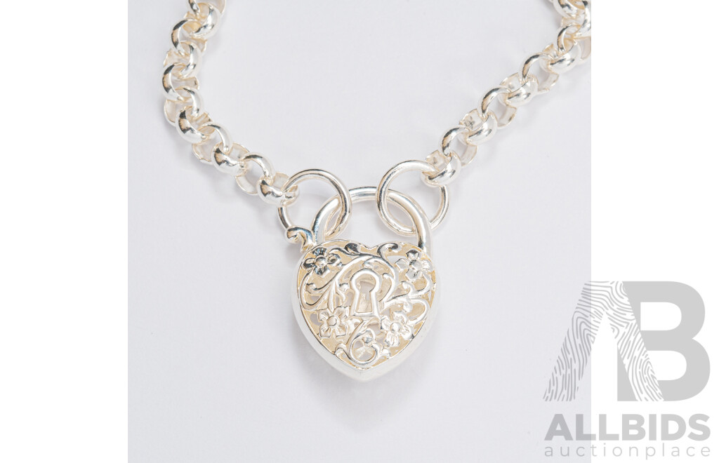 NEW - Sterling Silver Belcher Link Necklace with Filigree Heart Padlock, 42cm, 20.73 Grams