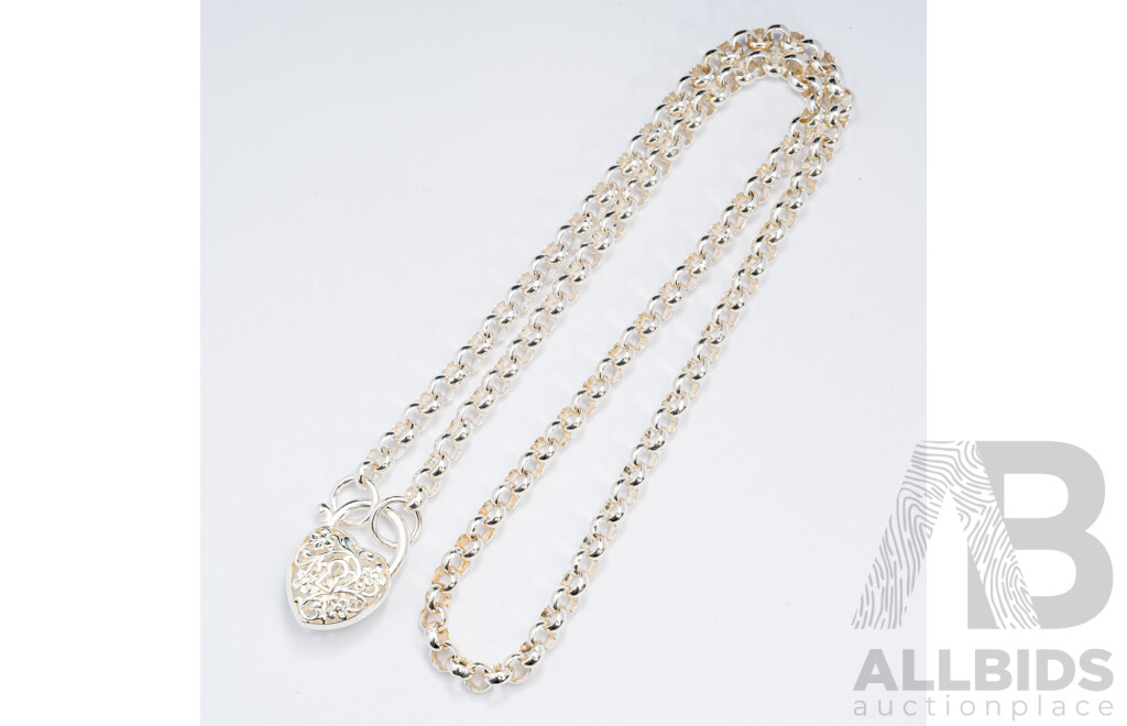 NEW - Sterling Silver Belcher Link Necklace with Filigree Heart Padlock, 42cm, 20.73 Grams