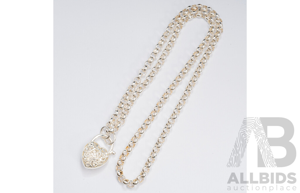 NEW - Sterling Silver Belcher Link Necklace with Filigree Heart Padlock, 42cm, 20.73 Grams