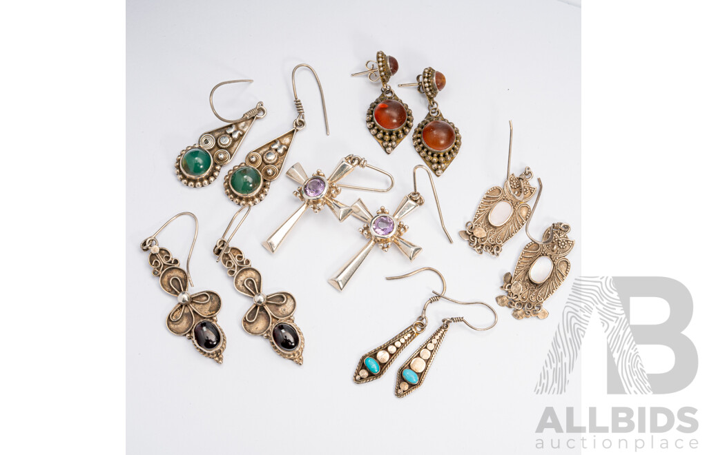 Sterling Silver (6) Pairs of Vintage Bohemian Style Drop Earrings with Gemstones, 43 Grams