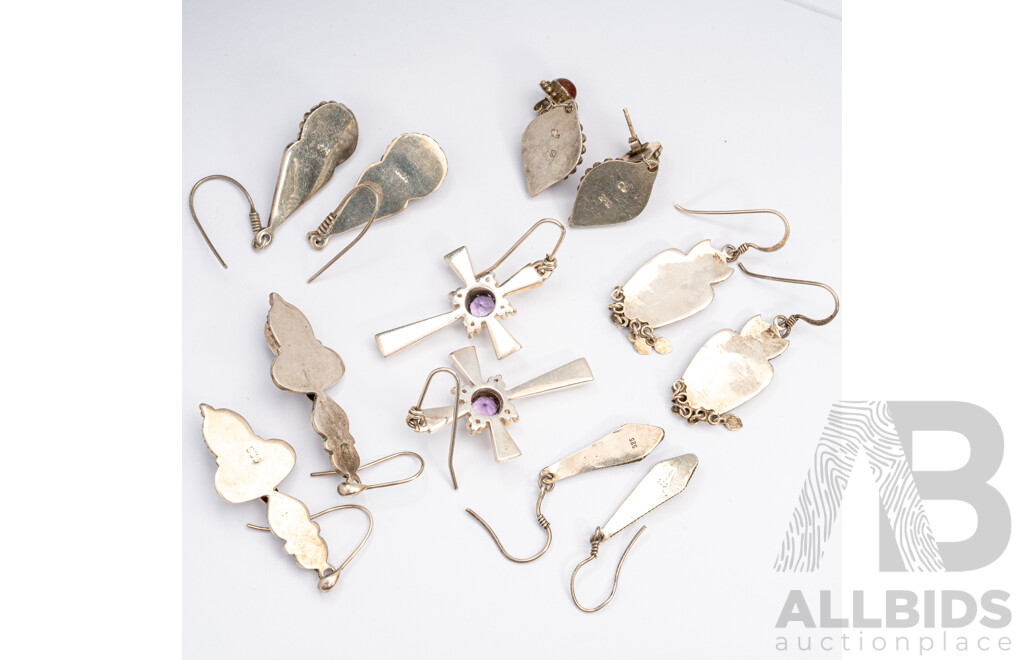 Sterling Silver (6) Pairs of Vintage Bohemian Style Drop Earrings with Gemstones, 43 Grams