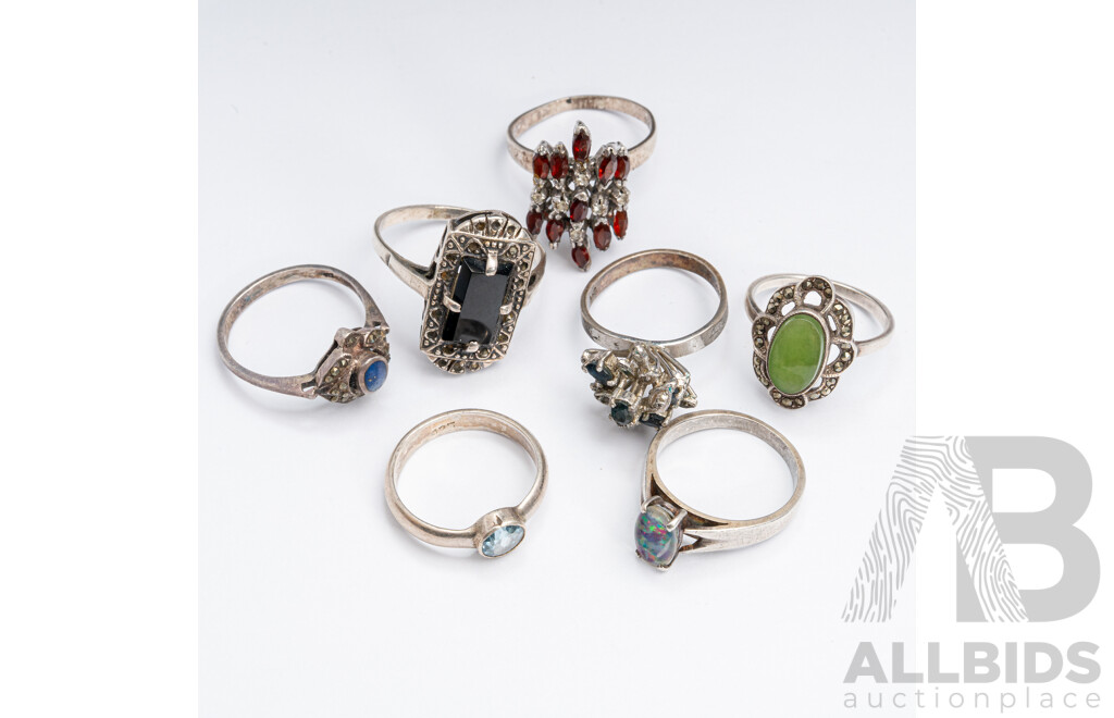 Vintage Sterling Silver (7) Ring Collection with Gemstones, 26.16 Grams