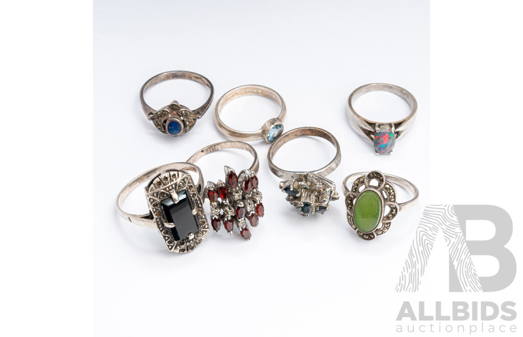 Vintage Sterling Silver (7) Ring Collection with Gemstones, 26.16 Grams