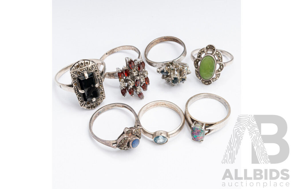 Vintage Sterling Silver (7) Ring Collection with Gemstones, 26.16 Grams