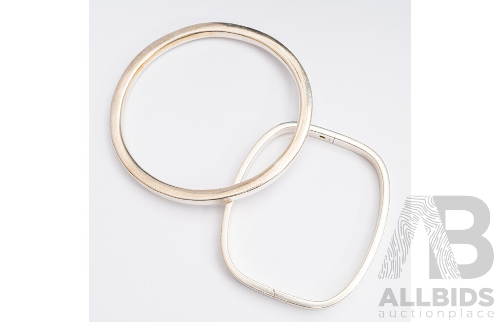 Sterling Silver Handmade Flat Profile Rectangular Hinged Bangle & SS Flat Profile Slight Oval Bangle, 44.93 Grams