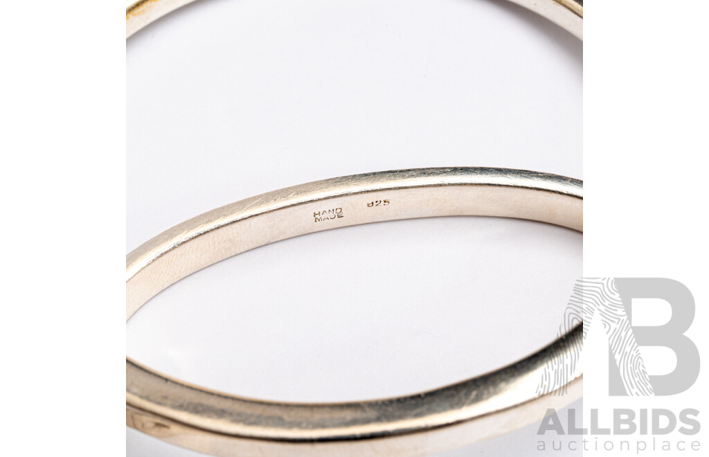Sterling Silver Handmade Flat Profile Rectangular Hinged Bangle & SS Flat Profile Slight Oval Bangle, 44.93 Grams