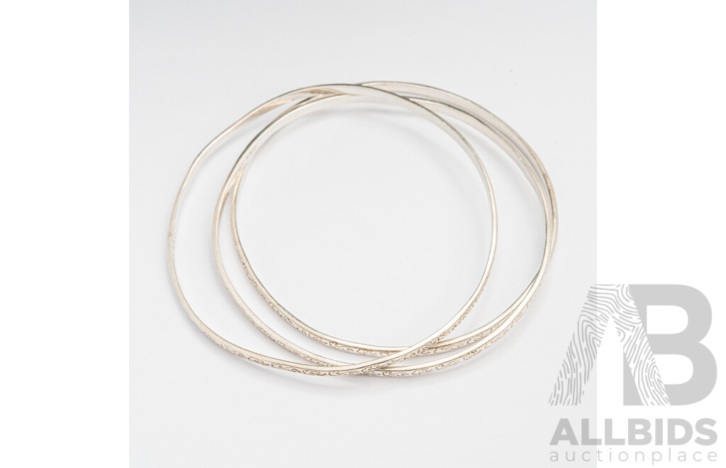 Sterling Silver (3) Thin Vintage Patterned Stacking Bangles, 64mm, 18.67 Grams