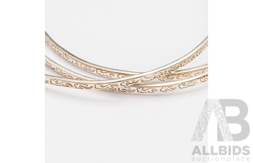 Sterling Silver (3) Thin Vintage Patterned Stacking Bangles, 64mm, 18.67 Grams