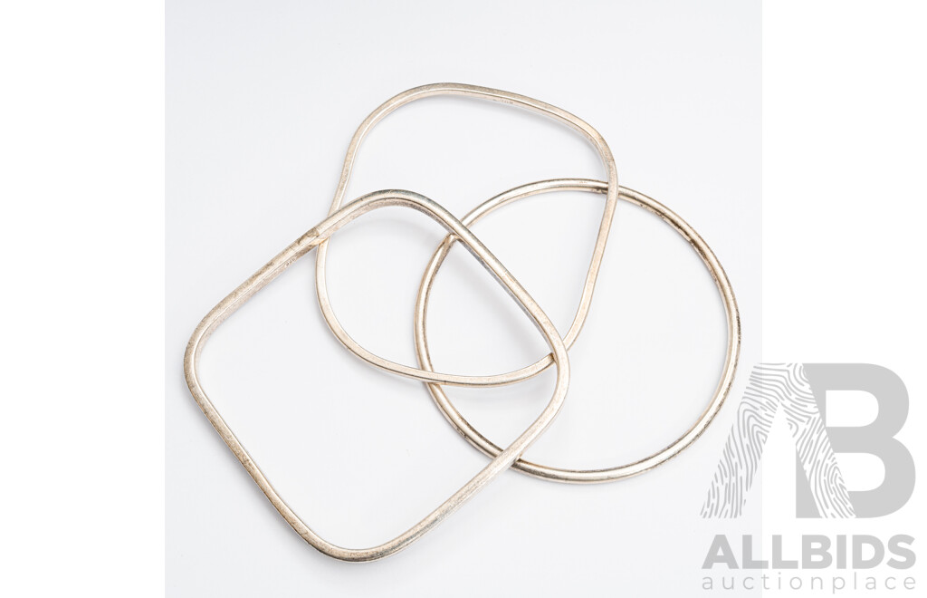Sterling Silver Stacking Bangles, (3) Round, Rectangular and Square Shaped, 43.29 Grams