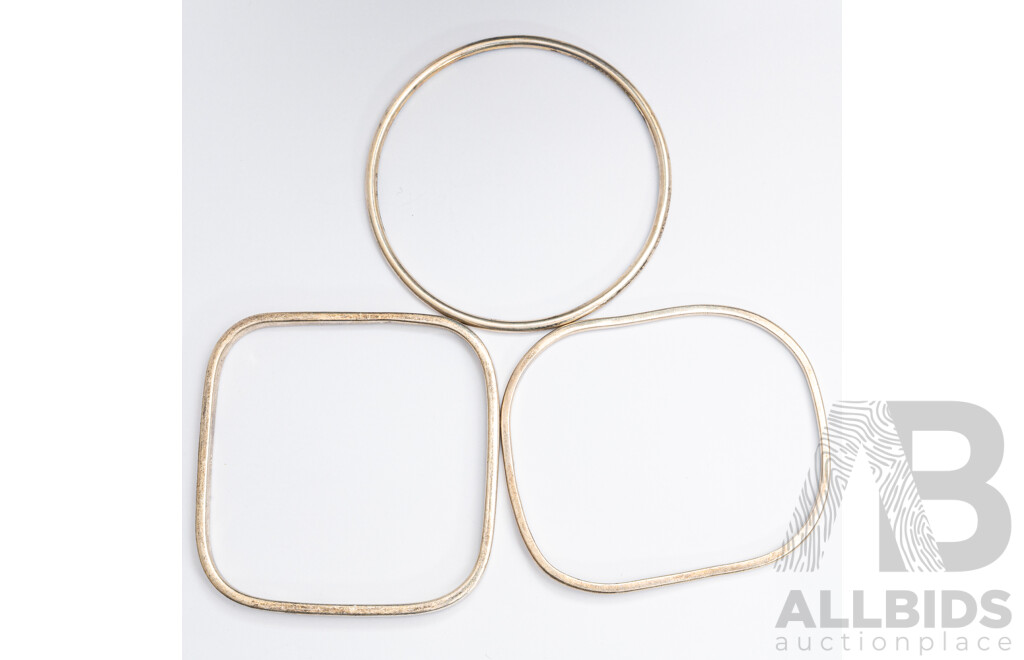 Sterling Silver Stacking Bangles, (3) Round, Rectangular and Square Shaped, 43.29 Grams