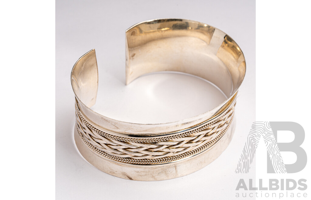 Sterling Silver Vintage Patterned Open Cuff Bangle, 68mm Diameter, 52.72 Grams