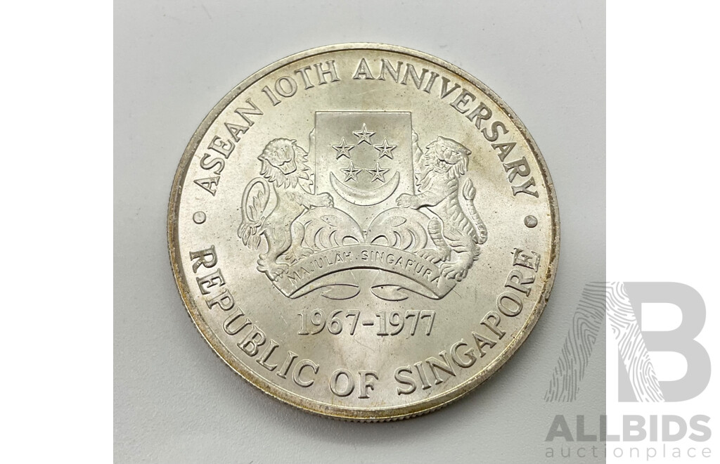 Singapore 1977 Silver Ten Dollar Coin, Asean 10th Anniversary .500