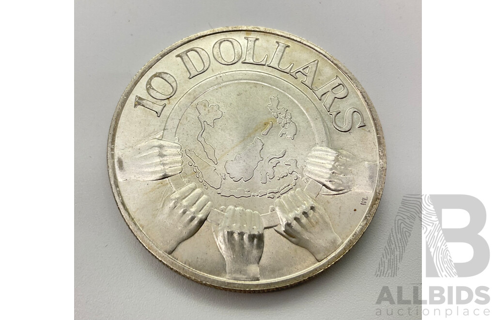 Singapore 1977 Silver Ten Dollar Coin, Asean 10th Anniversary .500