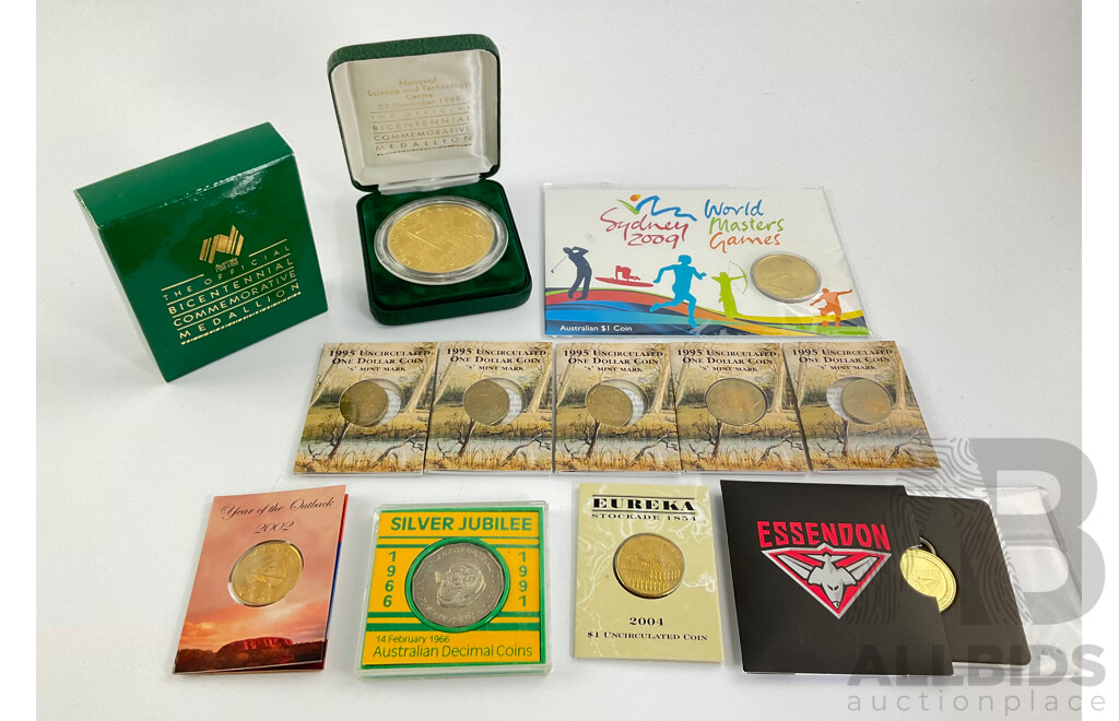 Australian Commemorative One Dollar Coins Including 1995 Waltzing Matilda 'S' Mint Mark(5) 2004 Eureka, 2022 AFL Essendon, 2002 Year of Outback, 2009 World Masters Games, 1991 Fifty Cent 25 Years Decimal Currency...........