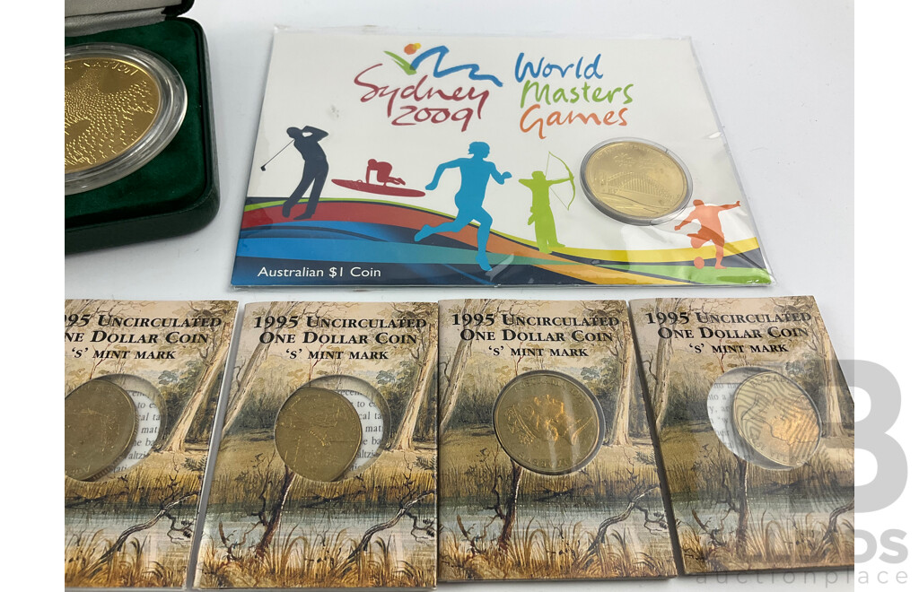 Australian Commemorative One Dollar Coins Including 1995 Waltzing Matilda 'S' Mint Mark(5) 2004 Eureka, 2022 AFL Essendon, 2002 Year of Outback, 2009 World Masters Games, 1991 Fifty Cent 25 Years Decimal Currency...........