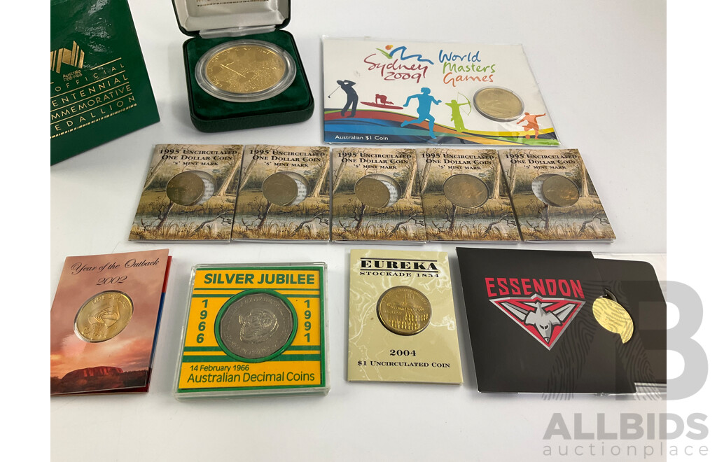 Australian Commemorative One Dollar Coins Including 1995 Waltzing Matilda 'S' Mint Mark(5) 2004 Eureka, 2022 AFL Essendon, 2002 Year of Outback, 2009 World Masters Games, 1991 Fifty Cent 25 Years Decimal Currency...........