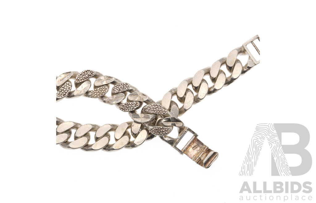 Silver Chunky Vintage Patterned Flat Curb Link Bracelet, 22cm, 78.59 Grams